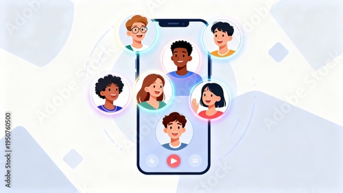 Diverse people connecting smartphone video call application
