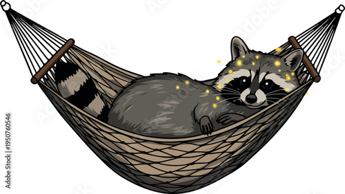 Raccoon Relaxing In Hammock Cartoon Style Isolated Vector Art