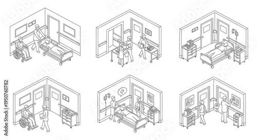Set of 6 hospital room interior illustrations vector