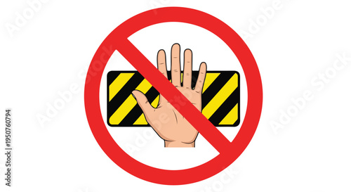Flat design illustration of a hand rejecting a smartphone with a warning symbol and yellow caution stripes on a white background.