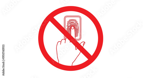 A red circle with a line through it prohibits a hand from using a fingerprint scanner in a simple graphic illustration.