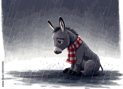 Sad Donkey In Rain Wearing Scarf Minimal Illustration Vector