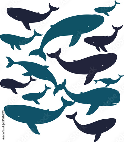 Whale Pattern Minimalist Flat Design Blue and Dark Blue Ocean