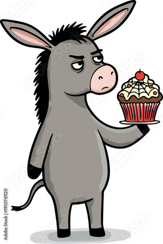Sad Donkey Holding a Cupcake Isolated Simple Illustration