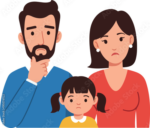 Sad Family Parents and Child Flat Design Isolated