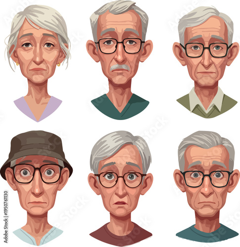 Sad Elderly People Portraits Neutral Background Casual Outfits Pixel Art Style