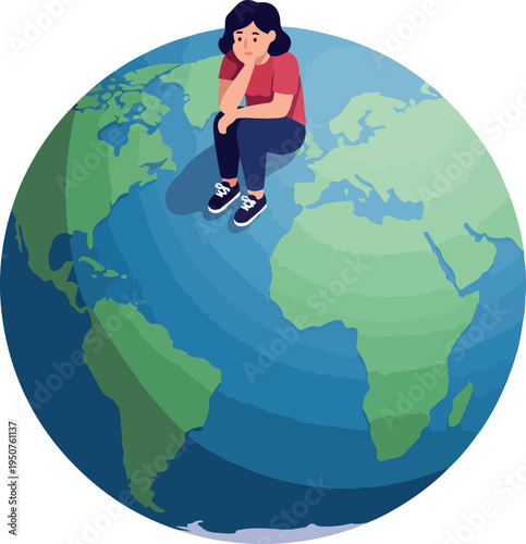 Sad Girl Sitting On A Pixelated Earth Illustration In Flat Design
