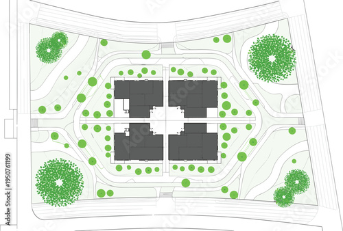 Top down architectural site plan vector featuring building footprints green spaces trees walkways and urban landscape design,