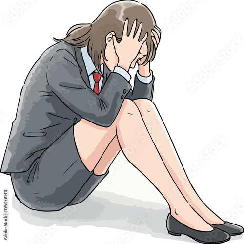 Sad Woman In Business Suit Sitting On Floor Feeling Depressed Stressful