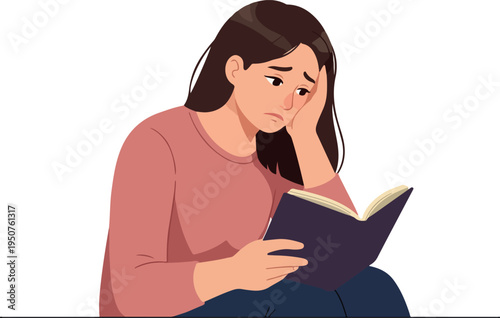 Sad Woman Reading Book With Hand On Forehead Pink Sweater Blue Jeans Isolated