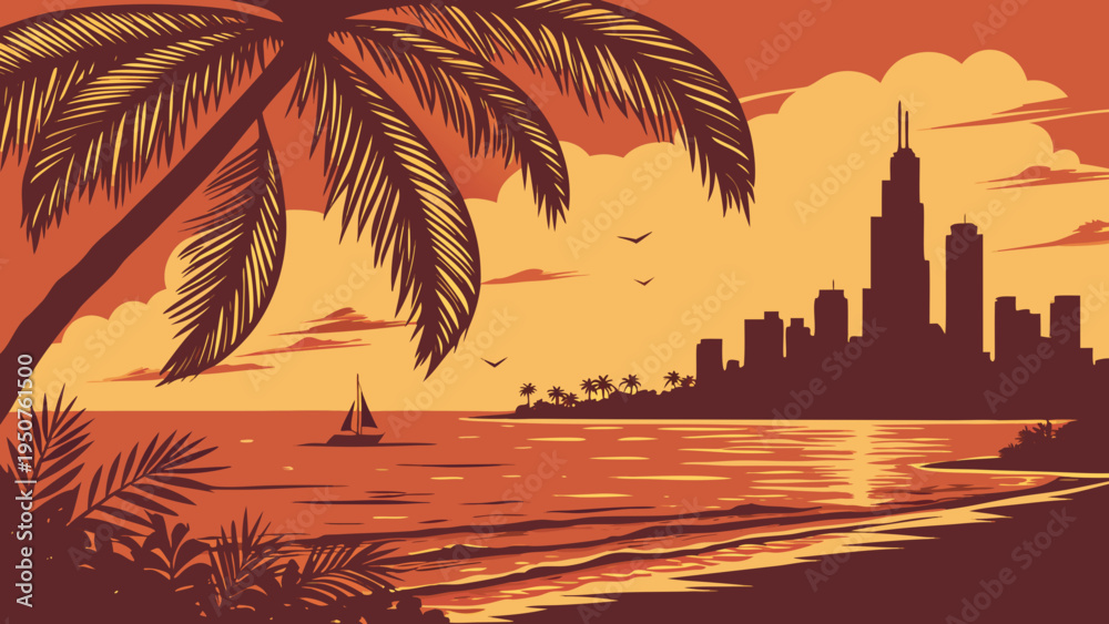 Fototapeta premium Tropical Beach Sunset View Over City Skyline with Palm Tree Foreground Silhouette Vacation Scene miami skyline vector