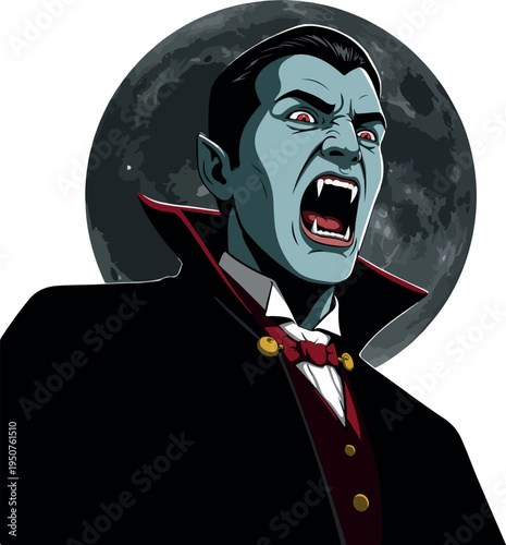 Scary Vampire Man Howling Moon Blue Skin Black Suit Red Bow Tie
