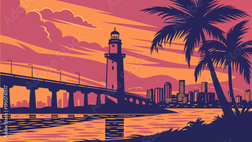 Coastal Cityscape at Sunset with Lighthouse Bridge and Palm Trees Retro Style miami skyline vector