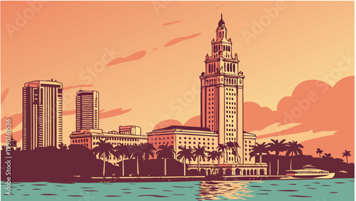 Art Deco Cityscape Silhouette Reflection Along Coastal Water at Warm Sunset Hour miami skyline vector