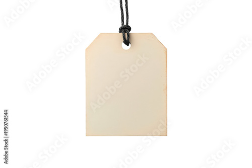 Blank price tag mockup hanging on string, beige cardboard label for pricing, sale, discount, custom message, transparent background