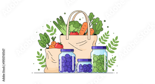 A colorful illustration of a zero waste lifestyle with a shopping bag, jars of fruits and vegetables, and eco-friendly packaging surrounded by leafy greens on a clean white background