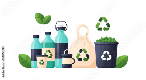 Eco-friendly products and recycling symbols arranged with green leaves on a white background for sustainable living concept