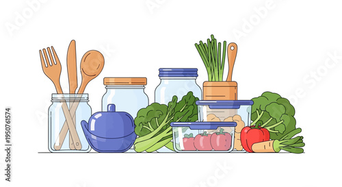 Illustration of kitchen items and fresh vegetables for a sustainable living concept with eco-friendly and zero waste lifestyle elements