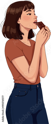Woman Eating Chocolate Bar with Brown Shirt and Blue Jeans