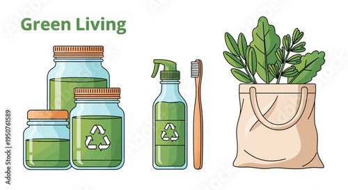 Illustration of eco-friendly living concept with reusable jars, toothbrush, and bag of greens for sustainable daily habits