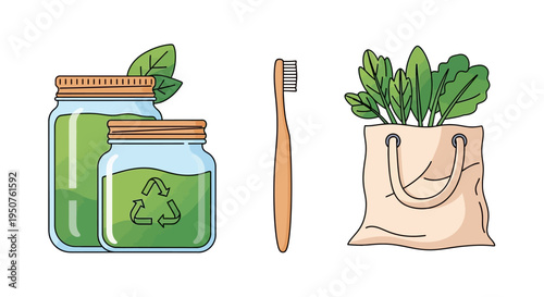 Eco-friendly living concept illustration with a jar of green leaves, a toothbrush, and a reusable bag with vegetables, promoting sustainable lifestyle and zero waste