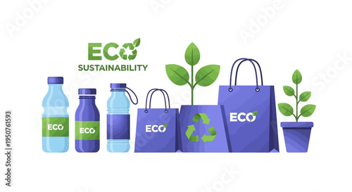 Eco-friendly lifestyle illustration depicting sustainable living concept with reusable bags, bottles, and plants for International Day of Zero Waste