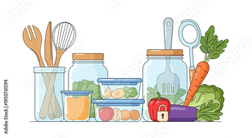 Illustration of kitchen items and fresh vegetables for a sustainable living concept with zero waste lifestyle and eco friendly food storage
