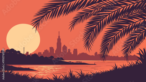 Tropical Sunset Over Distant City Skyline Viewed Through Silhouetted Palm Fronds and Water Reflection miami skyline vector