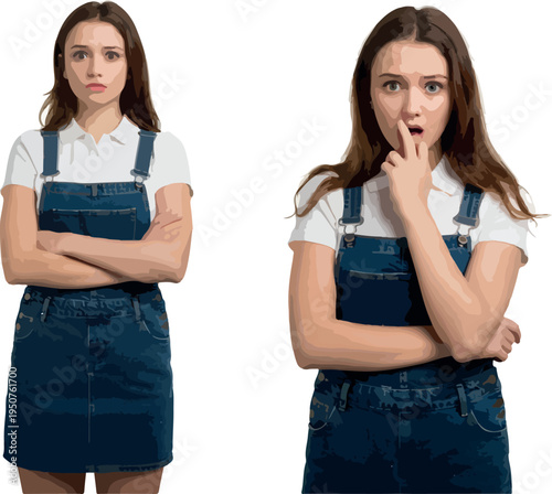 Woman in Overalls Expressing Doubt and Surprise White Background