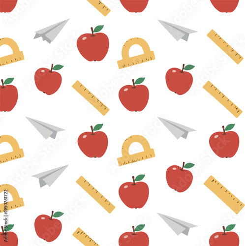 Seamless Pattern Red Apples Protractor Ruler Paper Planes Vector Art