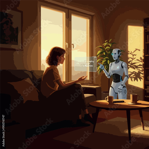 Woman Interacting With Robot AI Hologram In Warm Sunset Living Room