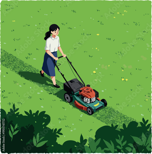 Woman Mowing Lawn Green Grass Sunny Day Outdoor Activity