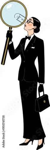 Woman In Black Tuxedo Examining Magnifying Glass
