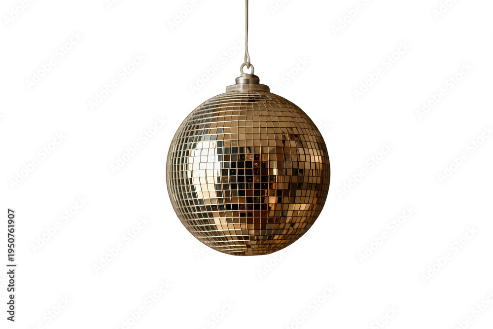 Obraz premium Golden disco ball reflecting lights for party, celebration and night club event decoration on transparent background