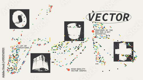 Geometric Shapes Set With Vector Bitmap Dithering Texture.