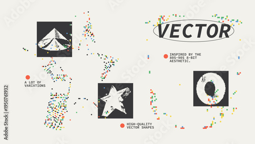 Geometric Shapes Set With Vector Bitmap Dithering Texture.