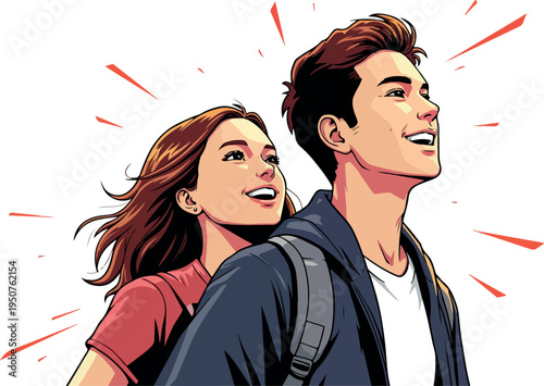 Young Couple Smiling Together Outdoors Bright Sunlight Red Shirt Blue Jacket