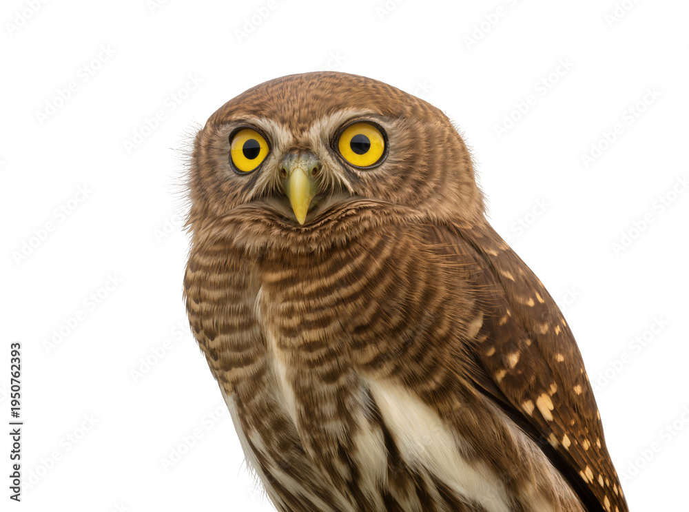 Fototapeta premium Close-up of a small brown owl with bright yellow eyes, looking directly at the camera, isolated on transparent background, detailed bird portrait PNG