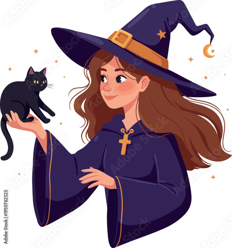 Young Witch With Black Cat Stars Moon Halloween Purple Outfit Flat Design