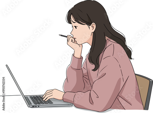 Young Woman Working on Laptop Computer Thinking Pink Sweater White Background