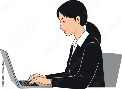 Young Woman Working on Laptop in Black Suit Isolated White Background Minimal Illustration