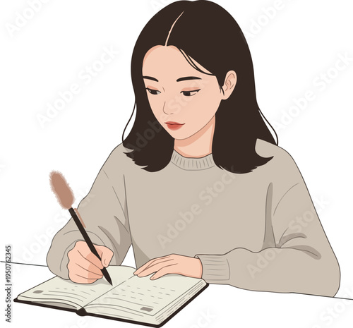 Young Woman Writing in Notebook Minimalist Flat Design Illustration