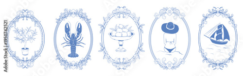 Set of ornate blue oval frames with lemon tree lobster fruit bowl girl and sailboat. 