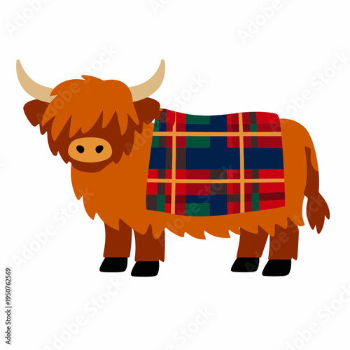Scottish Highland Cow with Tartan Blanket in Flat Vector Illustration