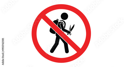 Graphic symbol prohibiting a person with a backpack and scissors on a white background.