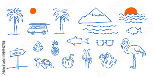 Hand-drawn summer beach doodles in grunge chalk,charcoal rough sketch style: palm trees, van,sun,mountain,sea,waves, fish,flamingo,turtle,coral, cactus, sunglasses, fruits, coconut drink,  beach sign.