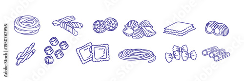 Italian pasta set. Collection of traditional pasta. Italian cuisine food elements. Vector illustration isolated on white background.