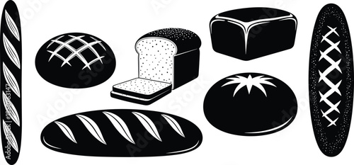Assorted bread loaf illustrations including baguette, bun, sliced sandwich bread, round loaf, oval loaf, bakery food design flat vector