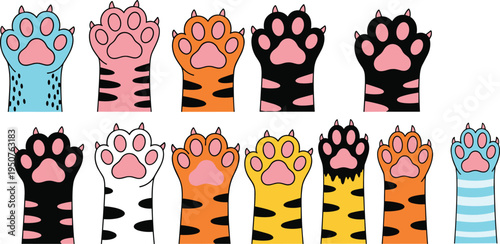 Cartoon cat paw collection showing diverse fur patterns stripes spots solid colors raised cute animal illustration playful design artwork flat vector