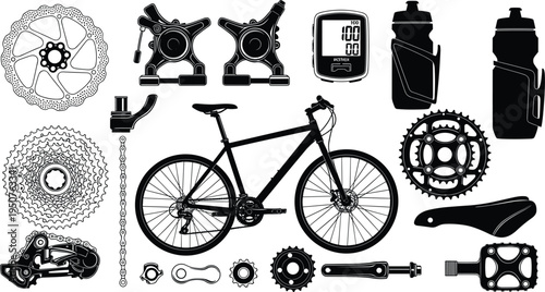 Black mountain bike silhouette vector set featuring bicycle frame disc brakes gear cassette chain pedals and computer,